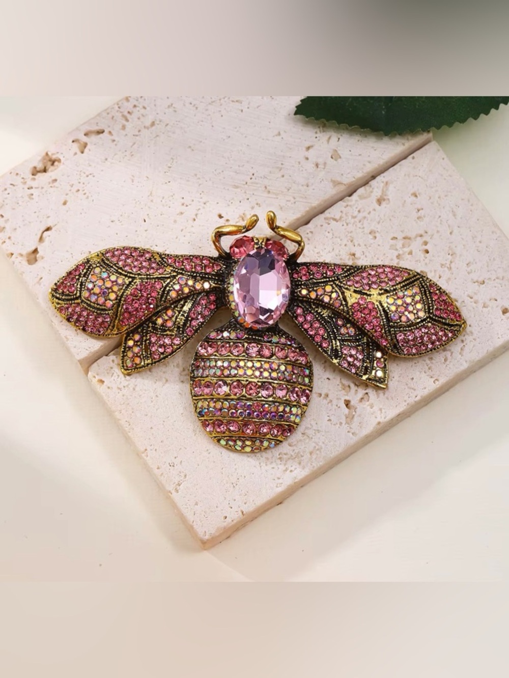 Rhinestone Bee Brooch in Pink and Gold